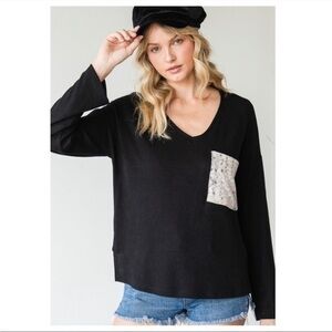 NWT CY Fashion  L/S crew neck black sweater with animal print pocket. Side …
